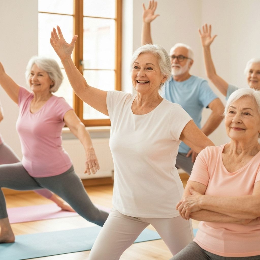 Diverse group of seniors practicing gentle yoga online