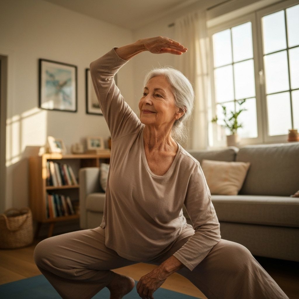 Diverse group of seniors practicing yoga together in bright outdoor setting