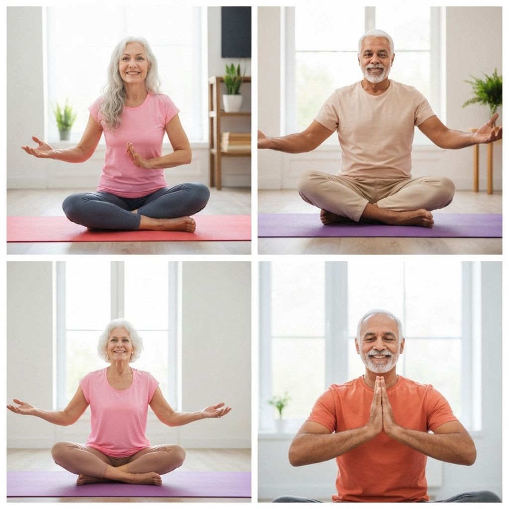 Group of senior friends practicing yoga together online
