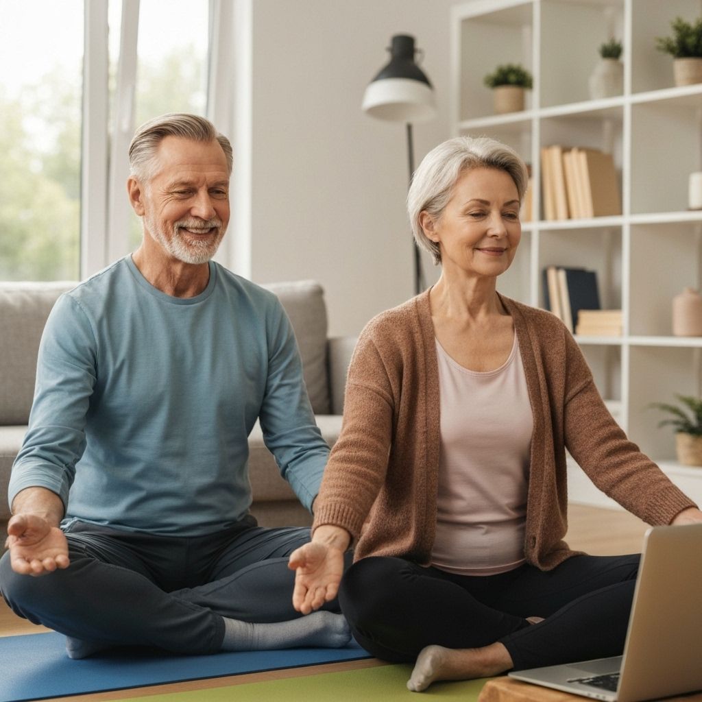 Older couple doing restorative yoga together online