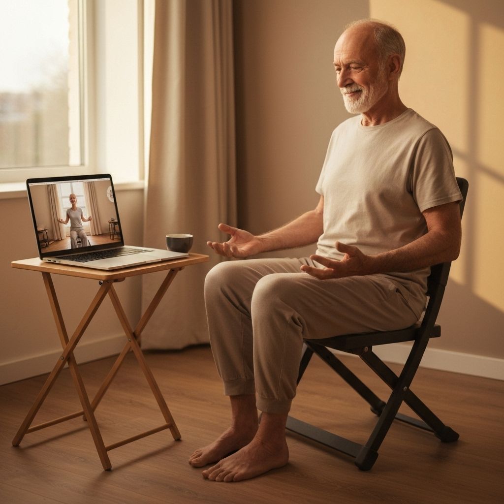 Older man doing chair yoga online at home