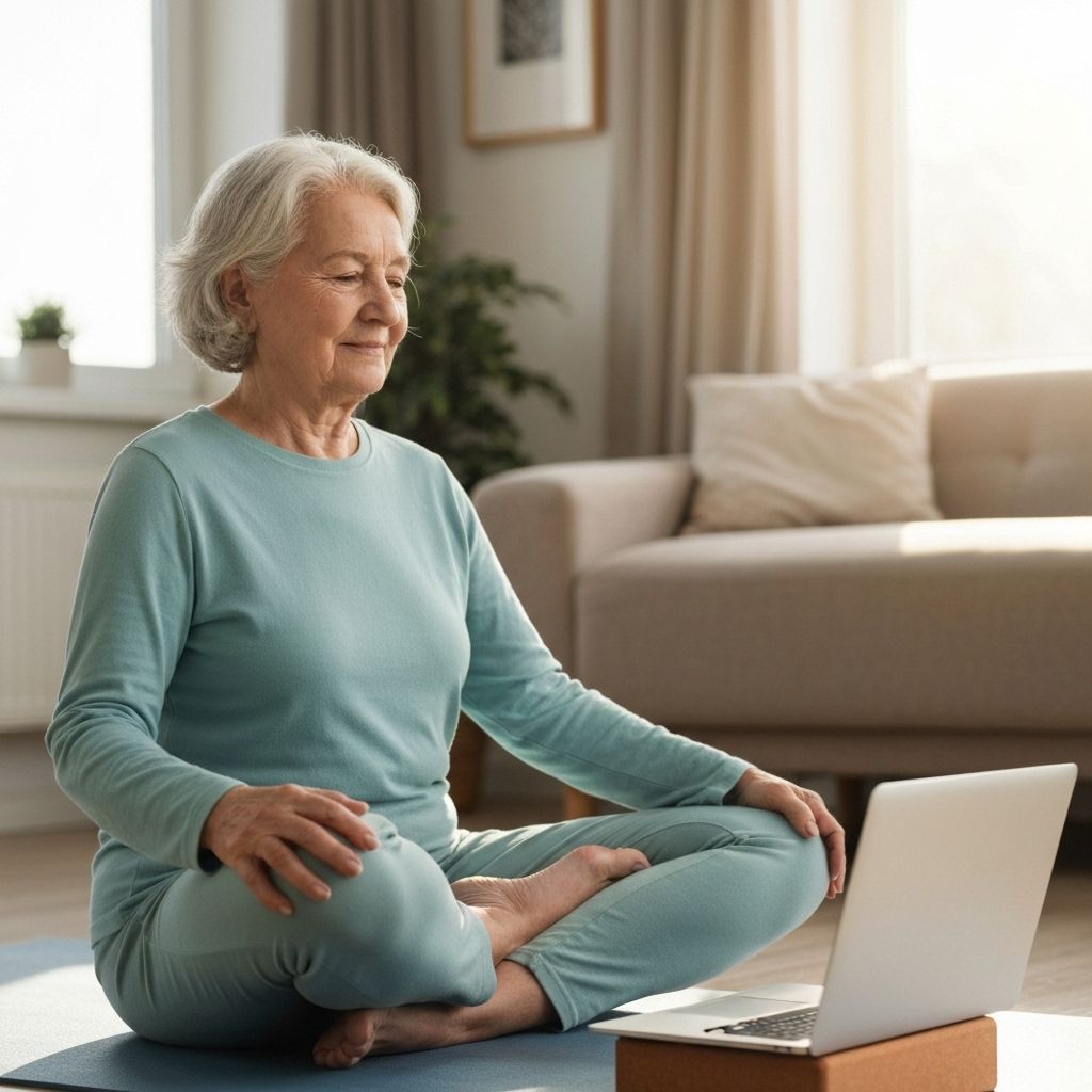 Senior with arthritis doing gentle yoga online
