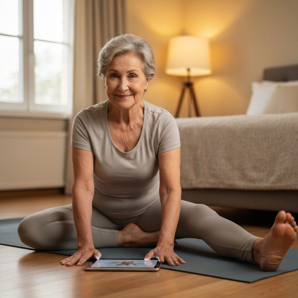 Senior doing bedtime yoga routine online