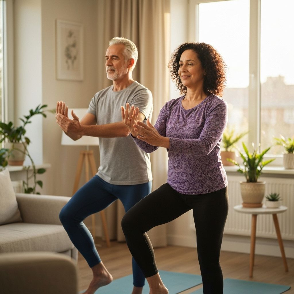 Senior couple practicing yoga together online