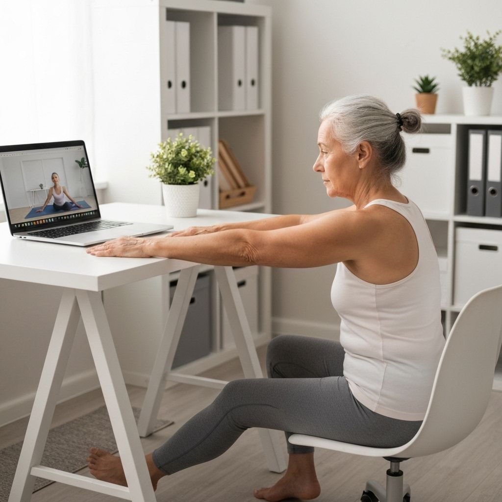 Senior doing desk yoga stretches online