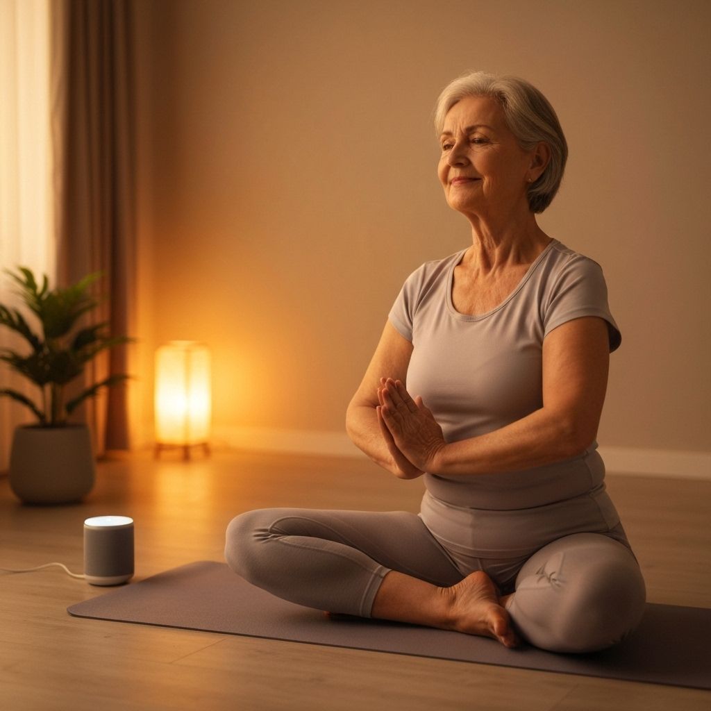 Senior doing evening relaxation yoga online