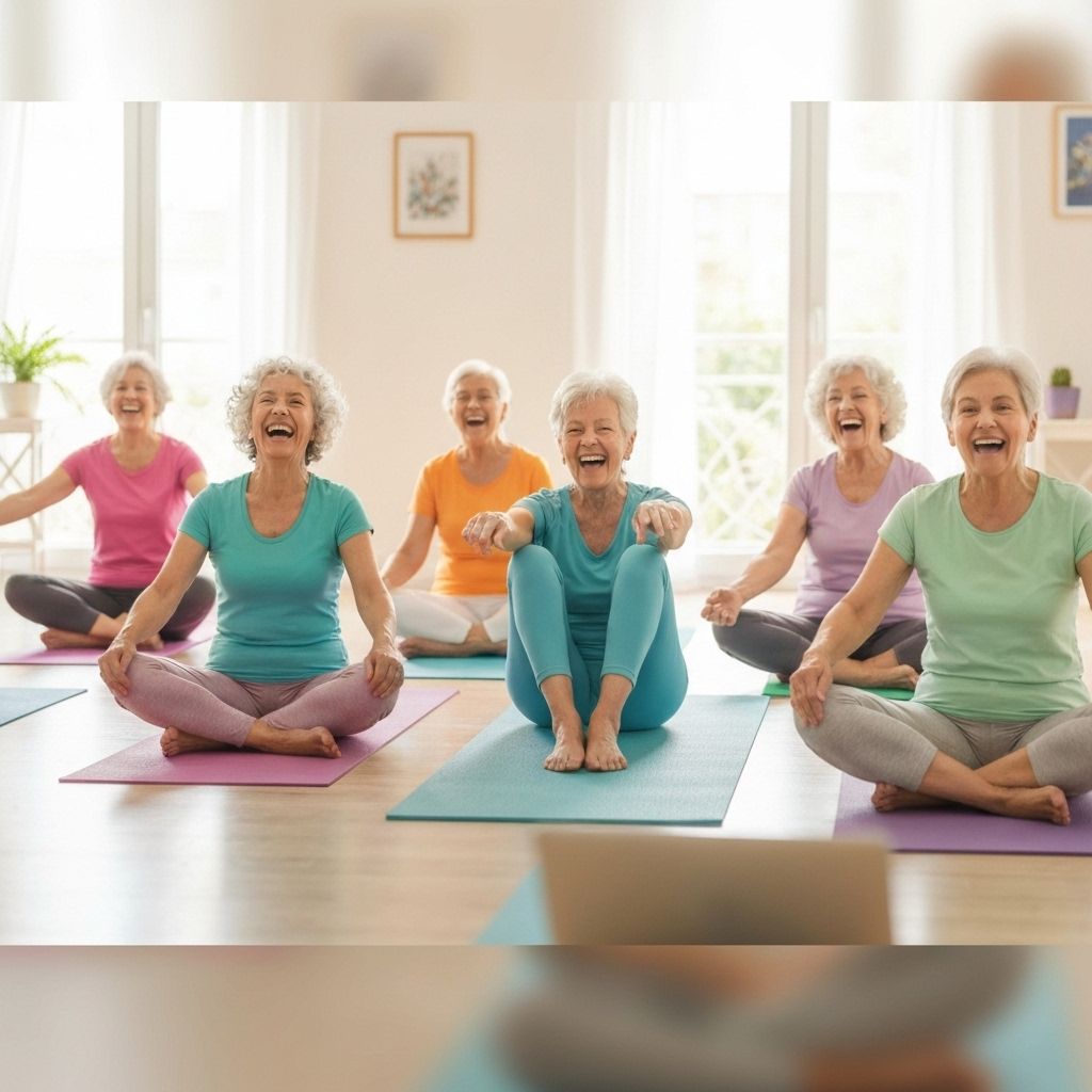 Seniors enjoying laughter yoga online class