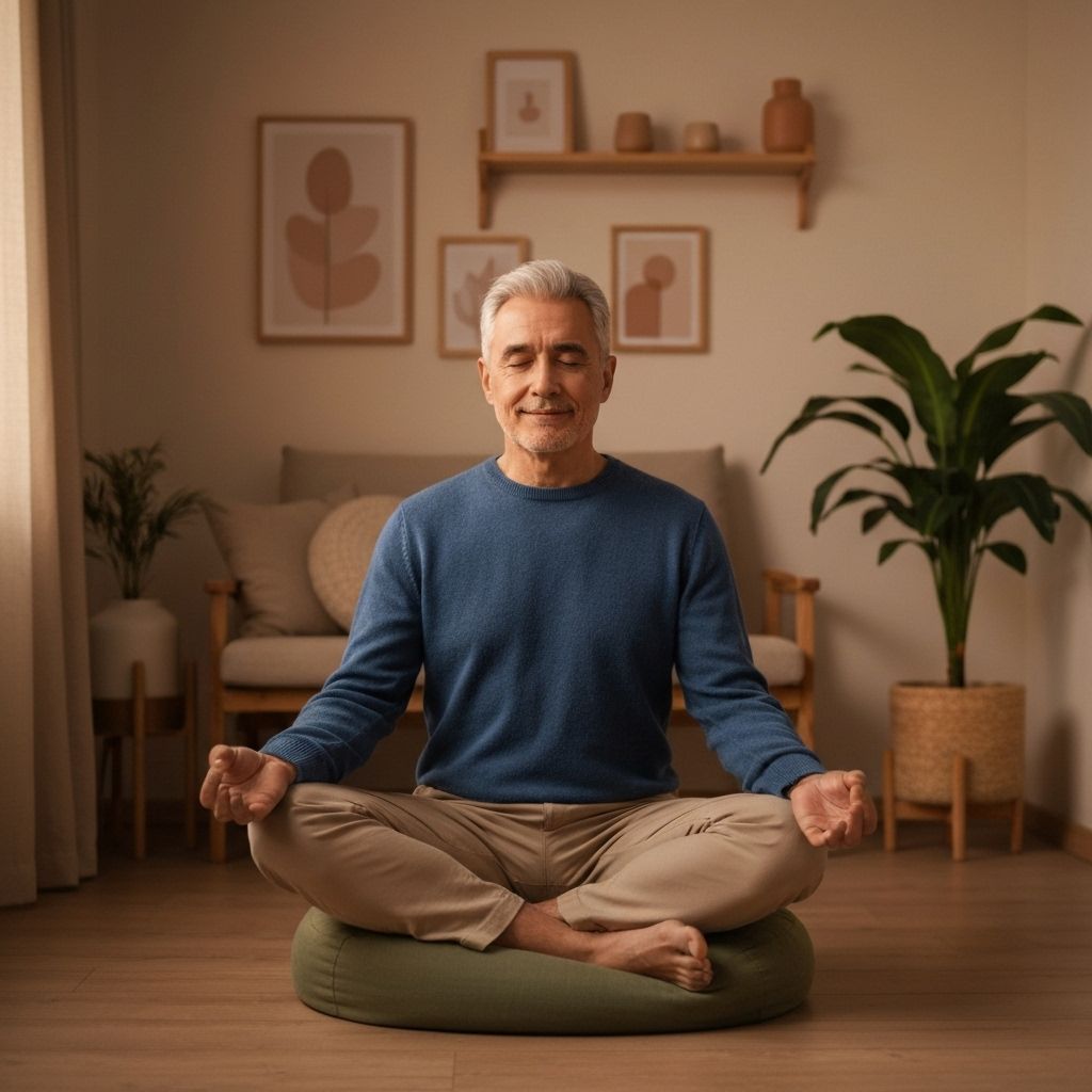 Senior man meditating peacefully at home
