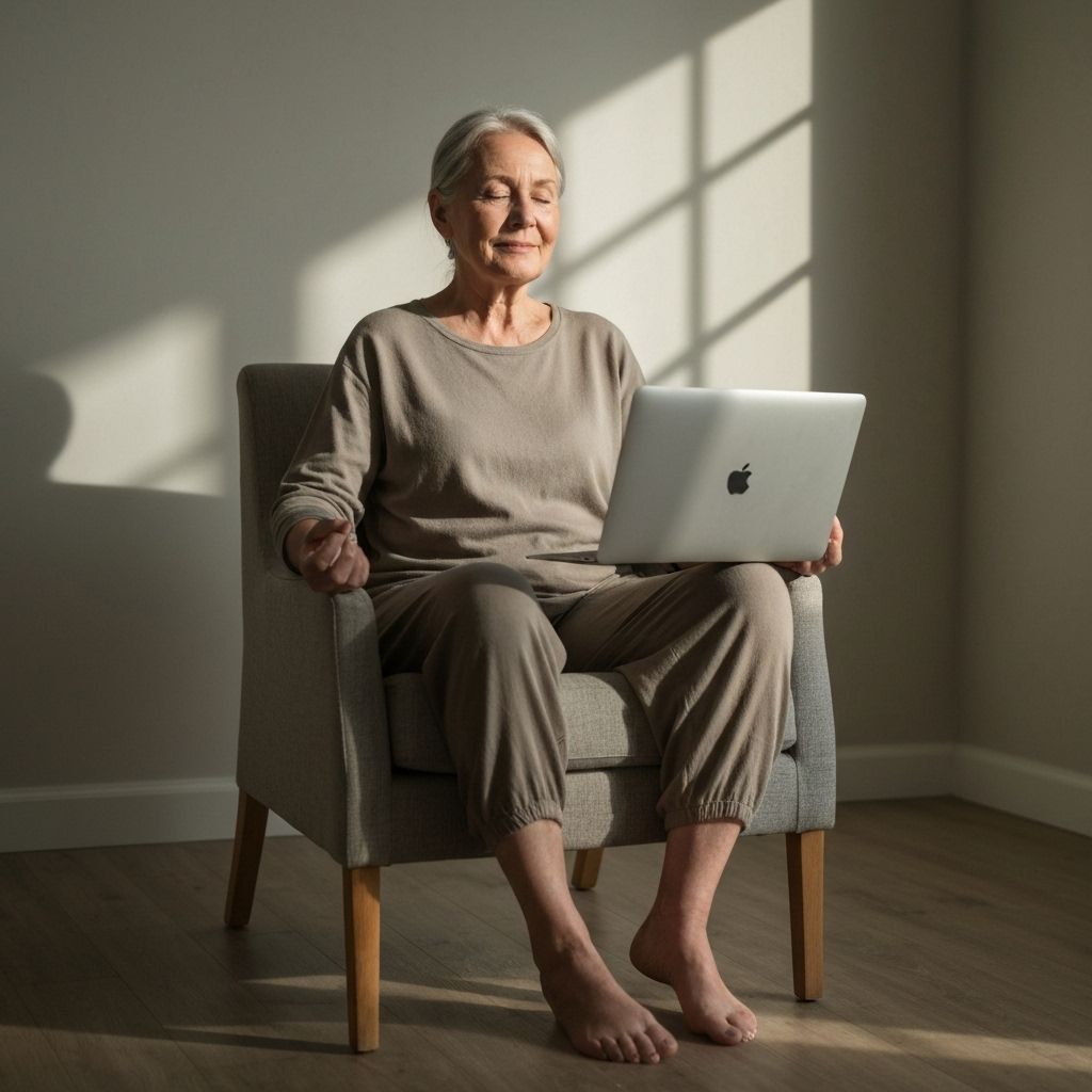 Senior practicing meditation and breathing online