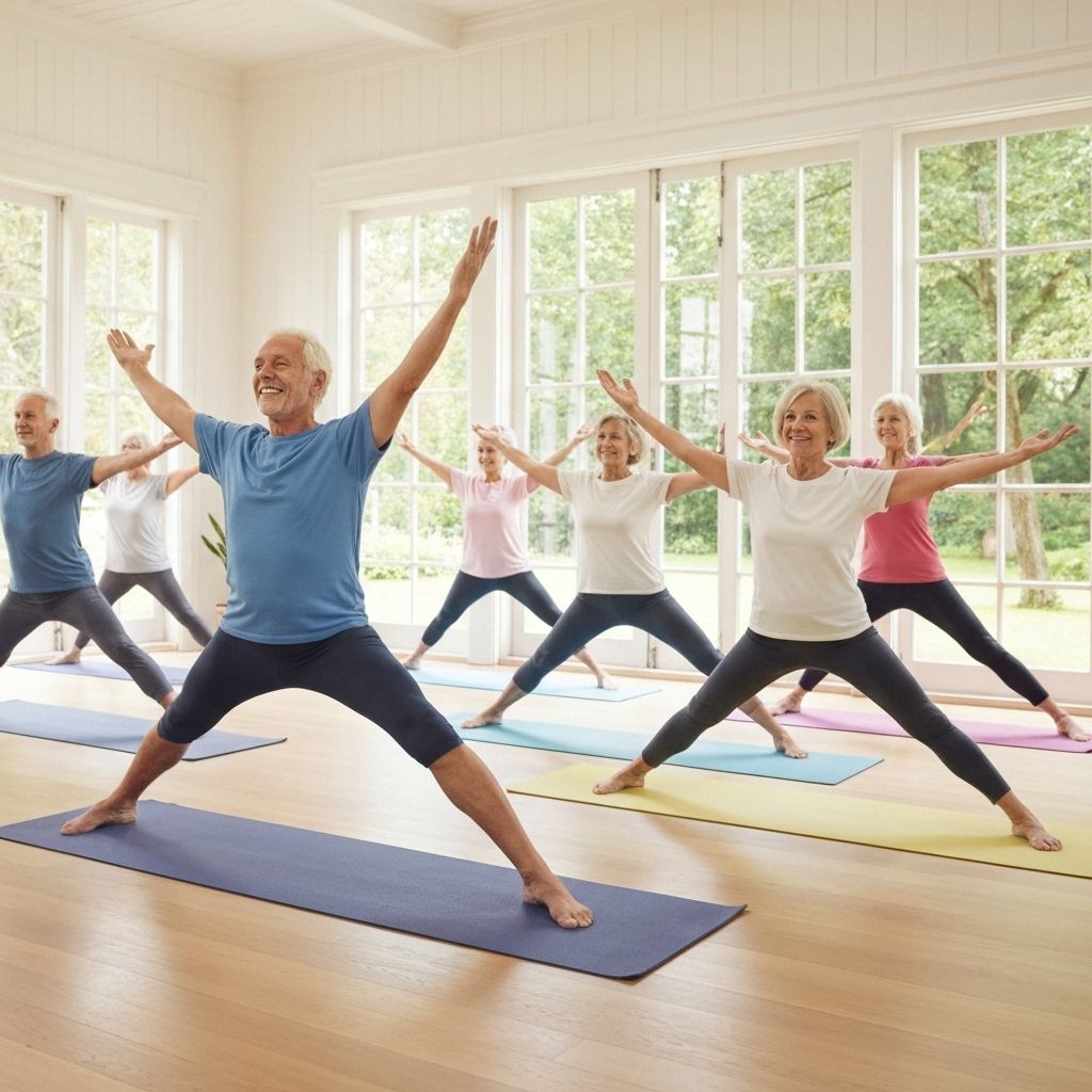 Seniors practicing seasonal yoga movements online